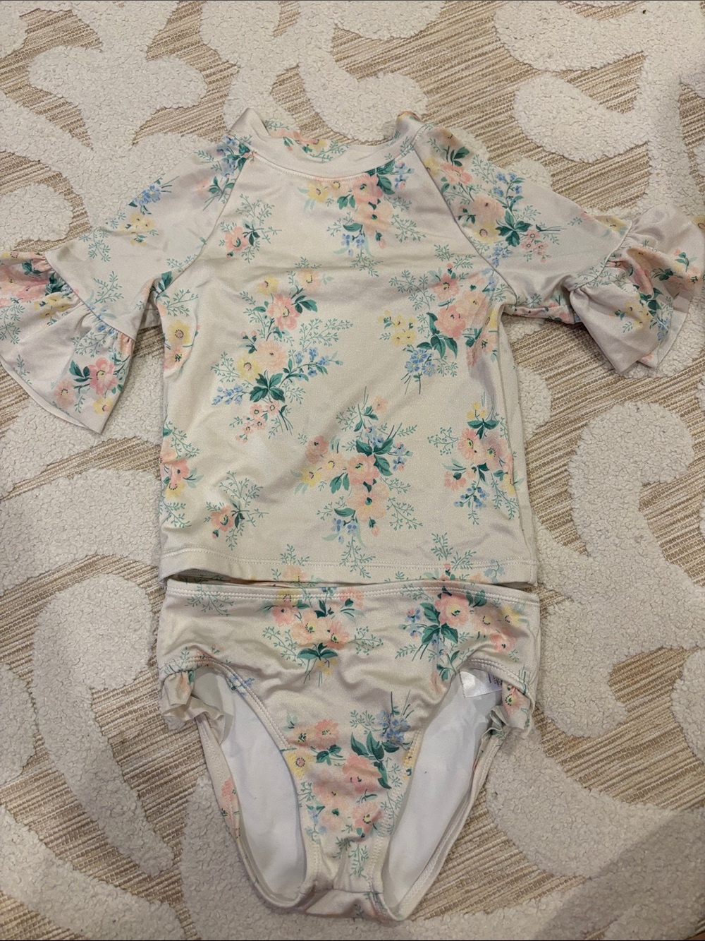 Janie and Jack Kids Floral Rash Guard and 2-Piece Swimsuit - Cream Floral